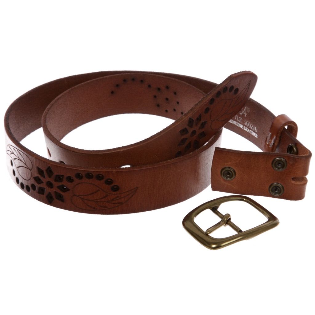 beltiscool Genuine Vintage Retro Circle Studded Leather Belt -  Interchangeable buckle, tan/brass