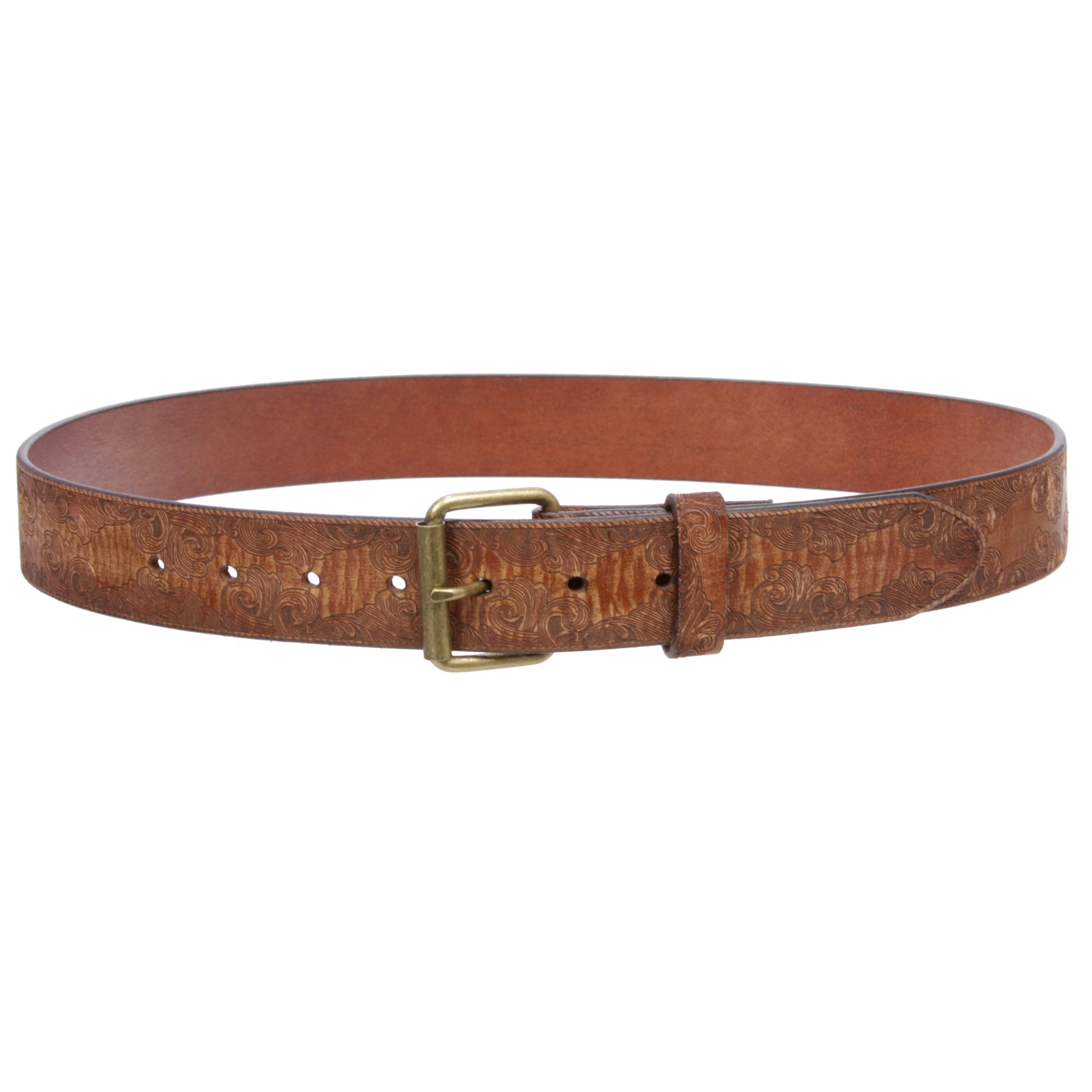 Snap On Soft Hand Floral Embossed Vintage Cowhide Full Grain Leather Casual Belt