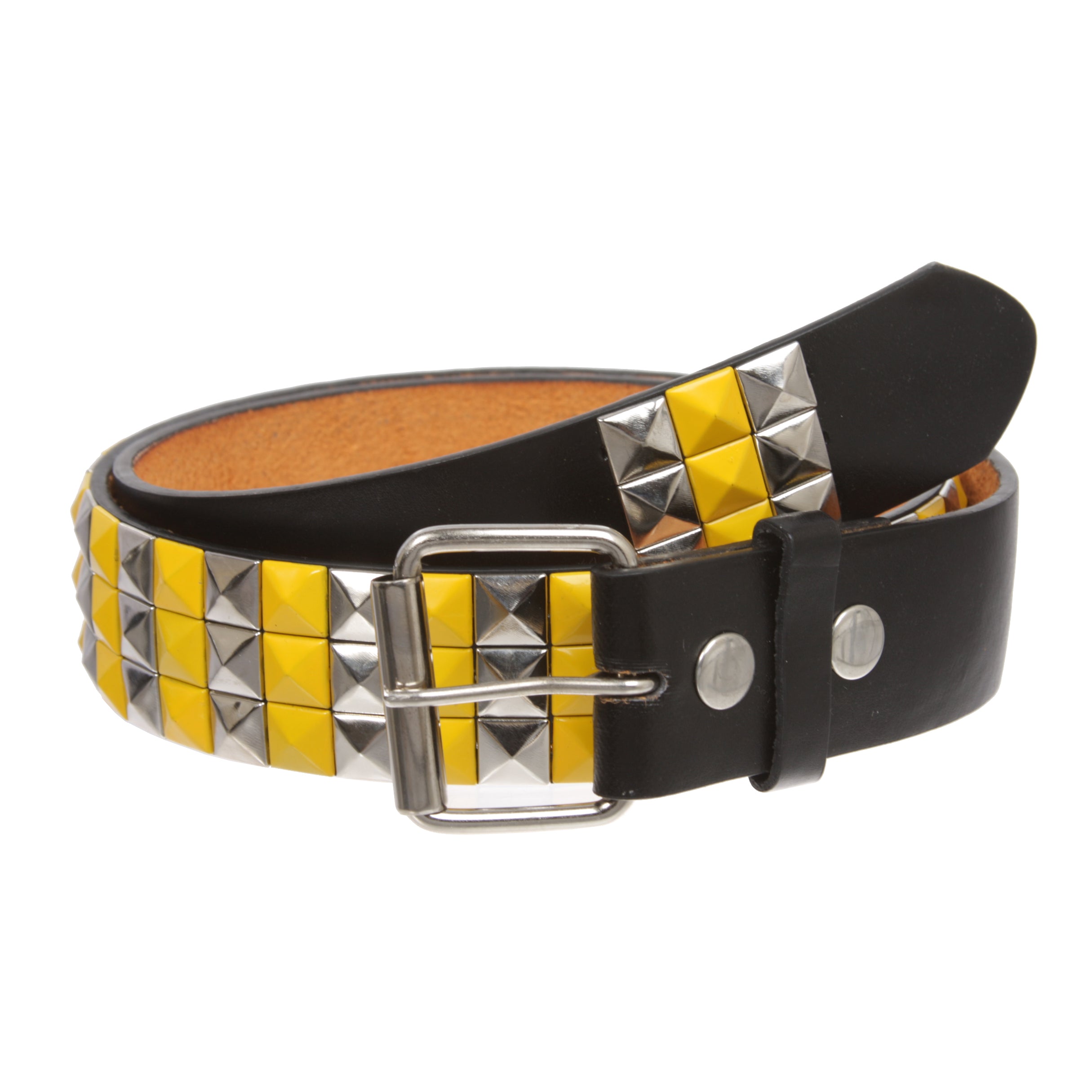 Snap On Yellow or Green Punk Rock Star Pyramid Studded Checker Board Leather Belt