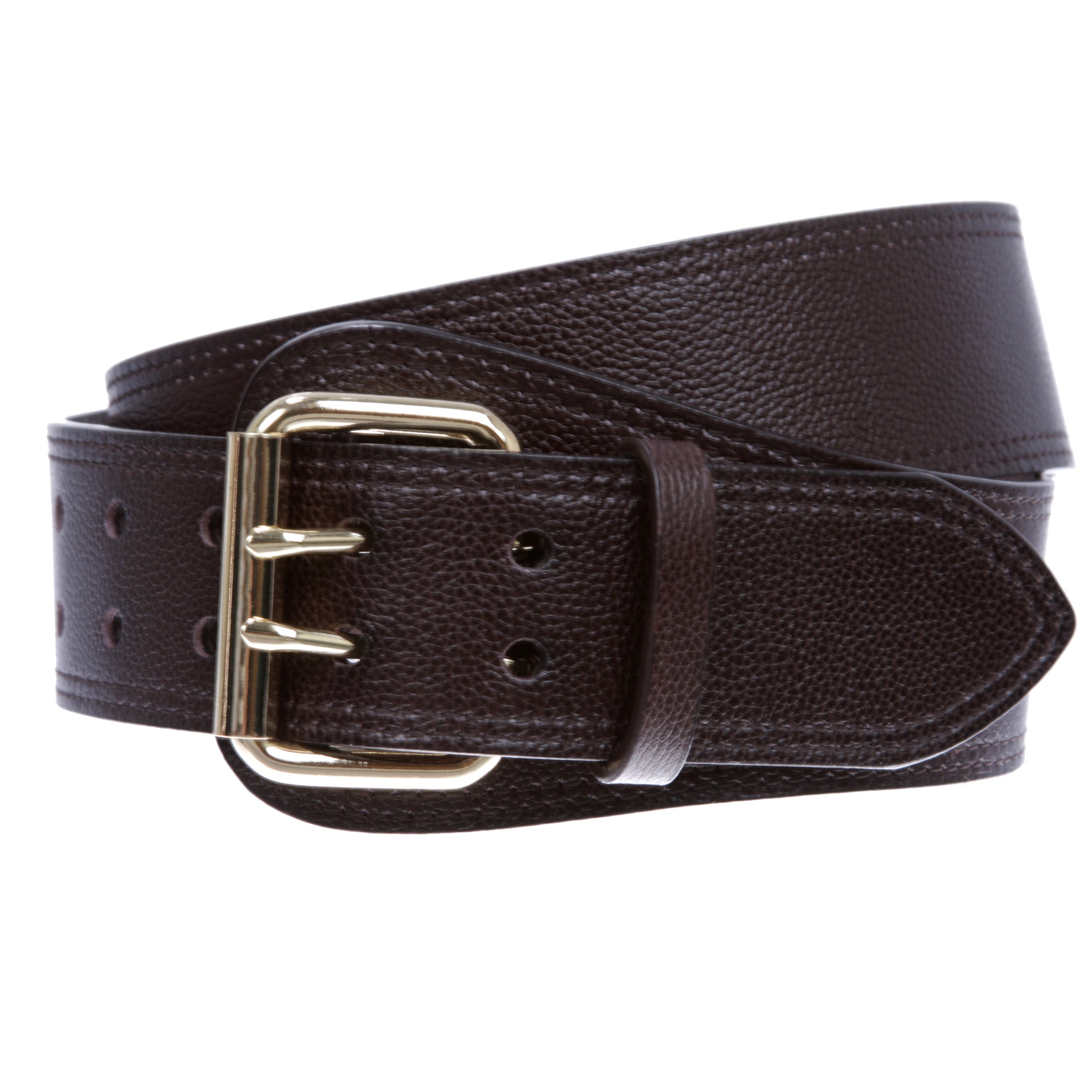 Women's Litchi Veined Double Stitch Double Hole Tapered Leather Belt