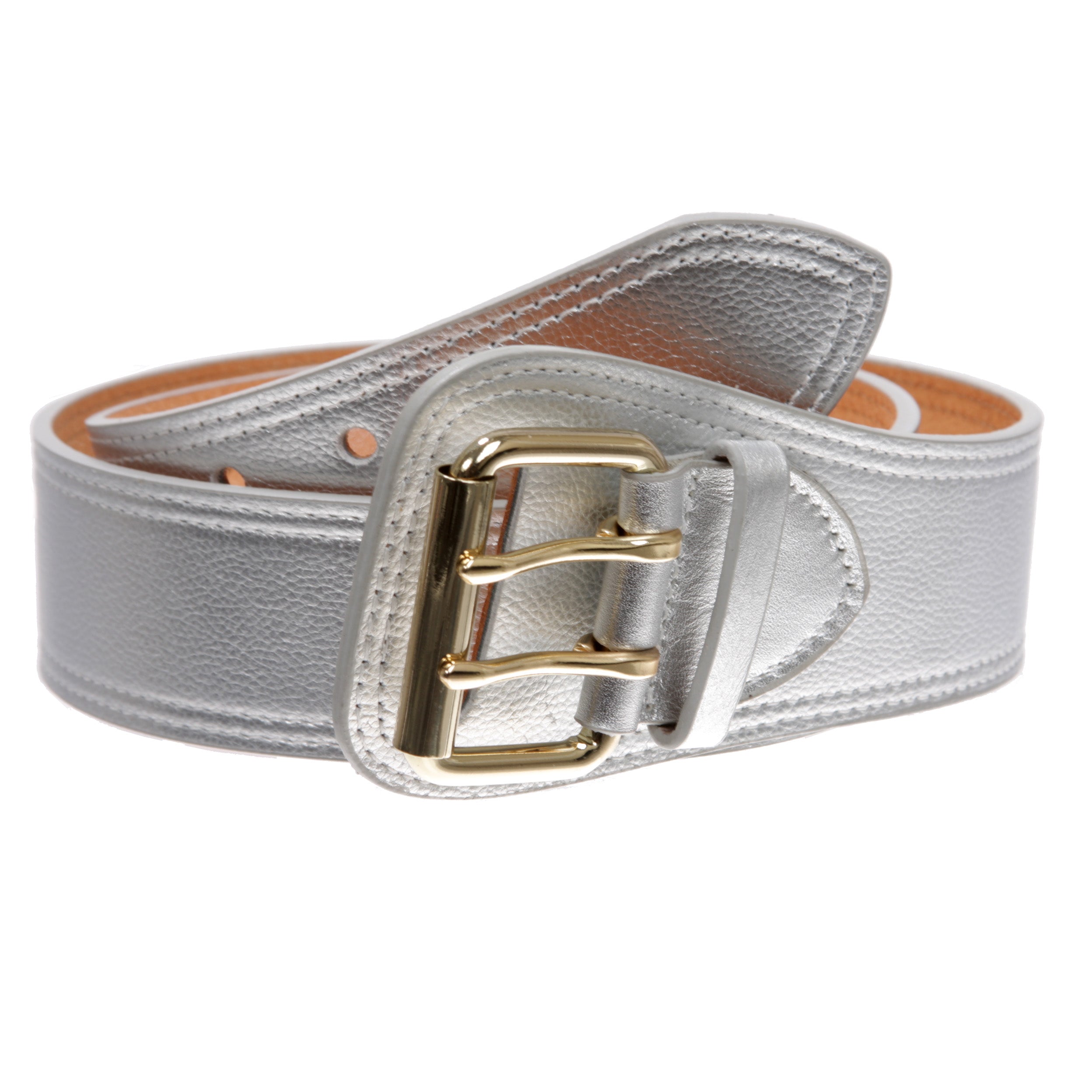 Women's Litchi Veined Double Stitch Double Hole Tapered Leather Belt