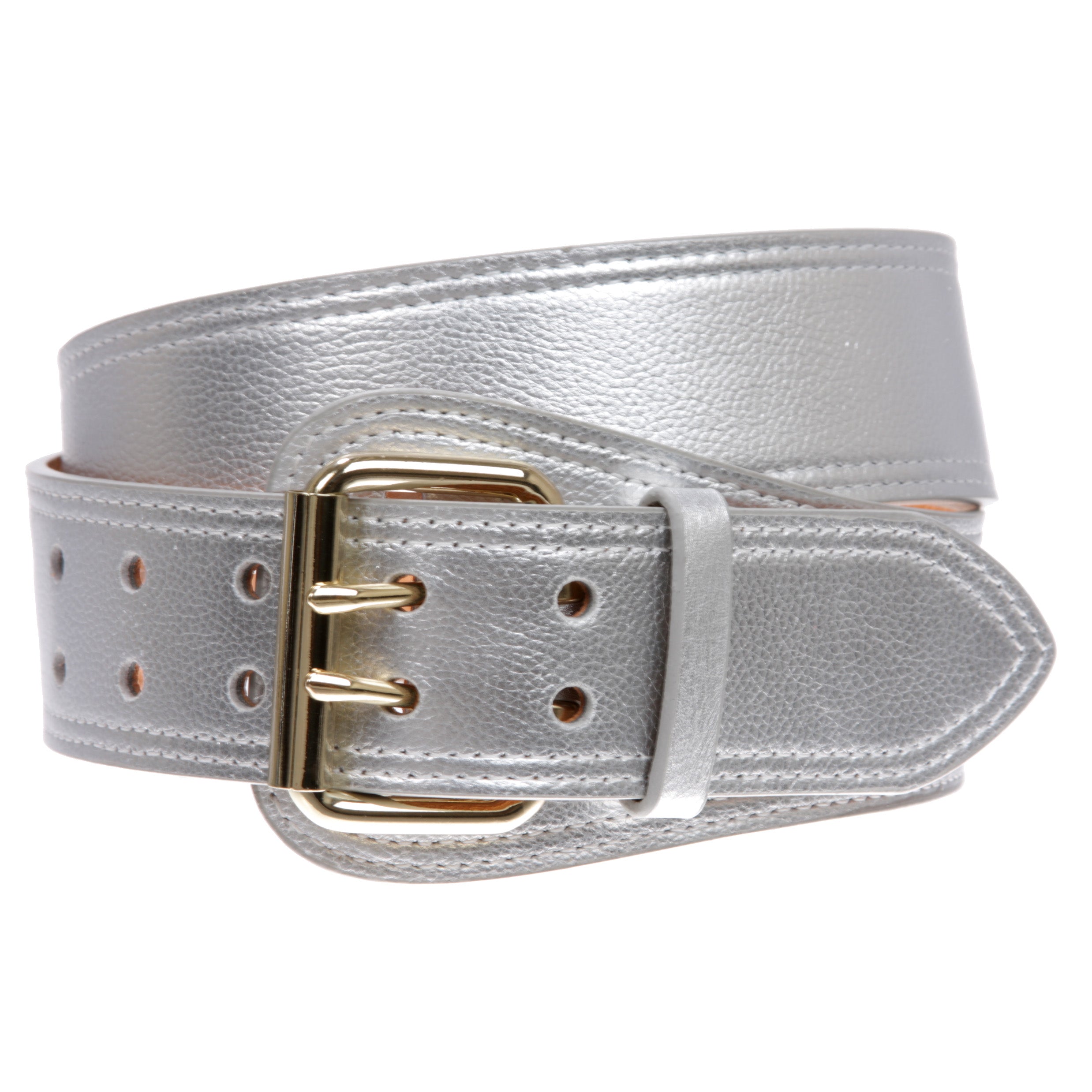 Women's Litchi Veined Double Stitch Double Hole Tapered Leather Belt