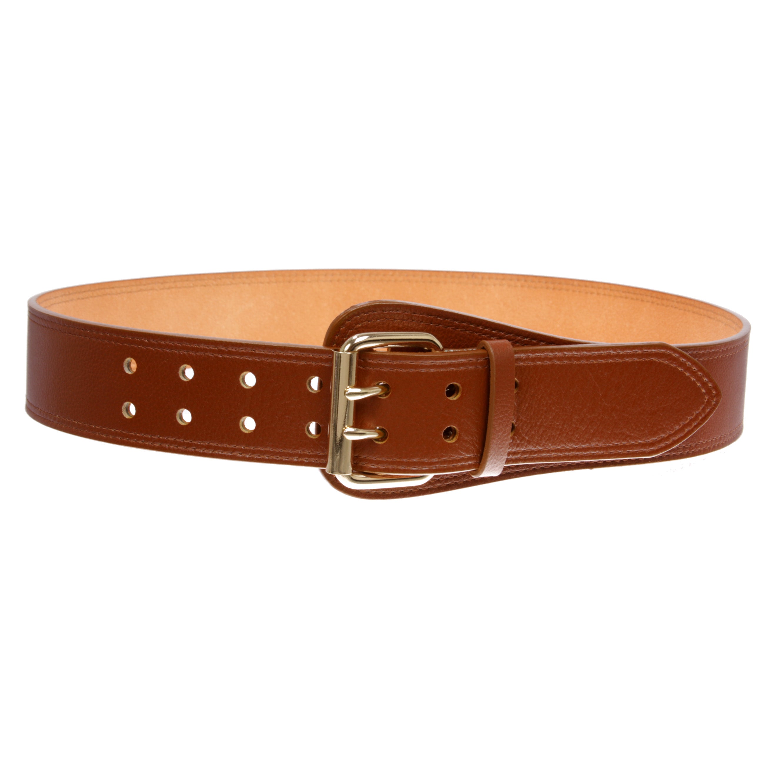 Women's Litchi Veined Double Stitch Double Hole Tapered Leather Belt