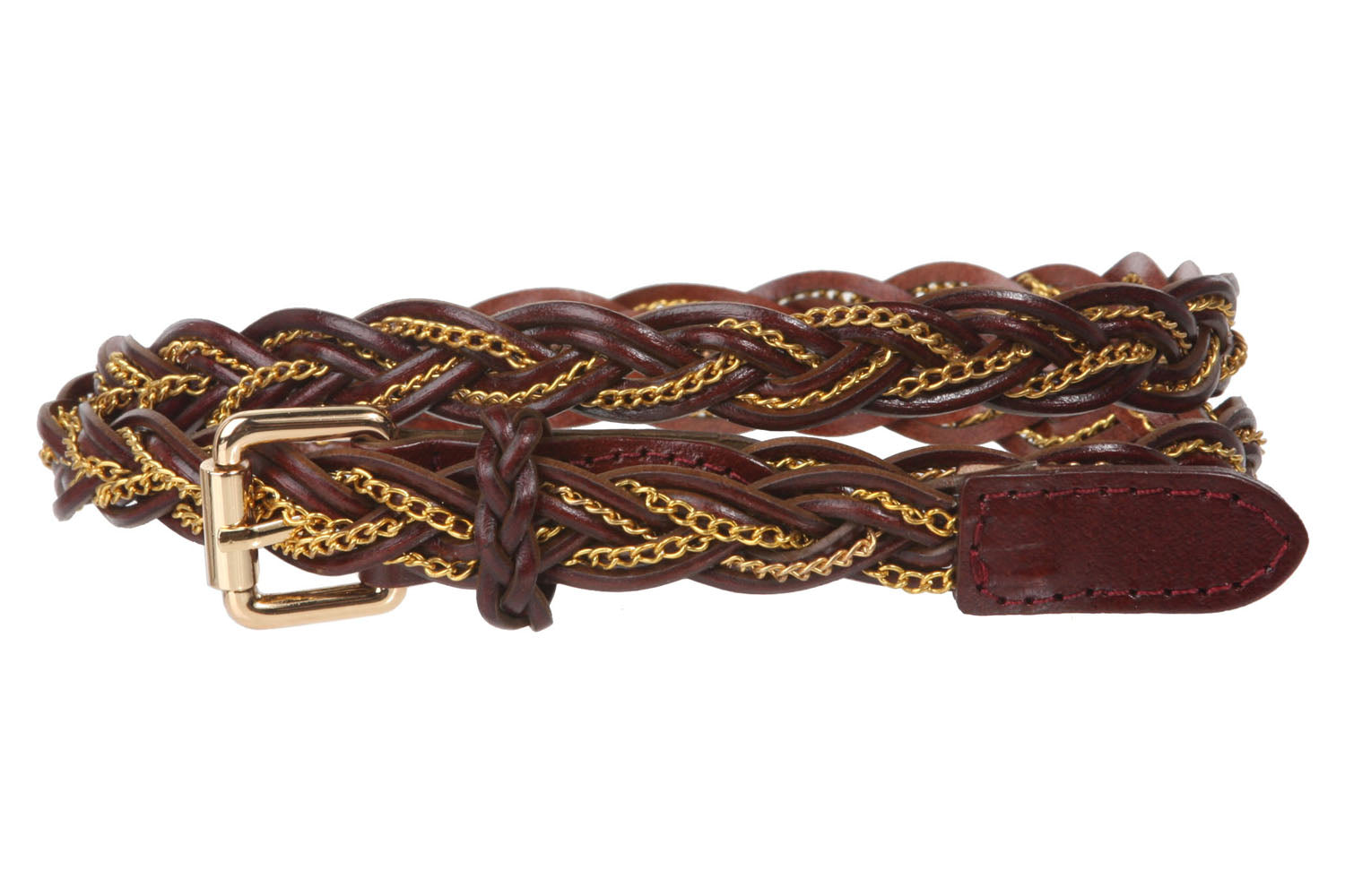 Women's 3/4" (19 mm) Skinny Braided Weave Leather Belt with Chain Detail