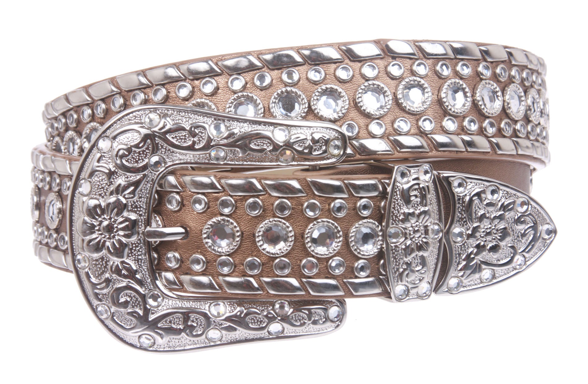 Western Rhinestone Silver Studded Leather Belt