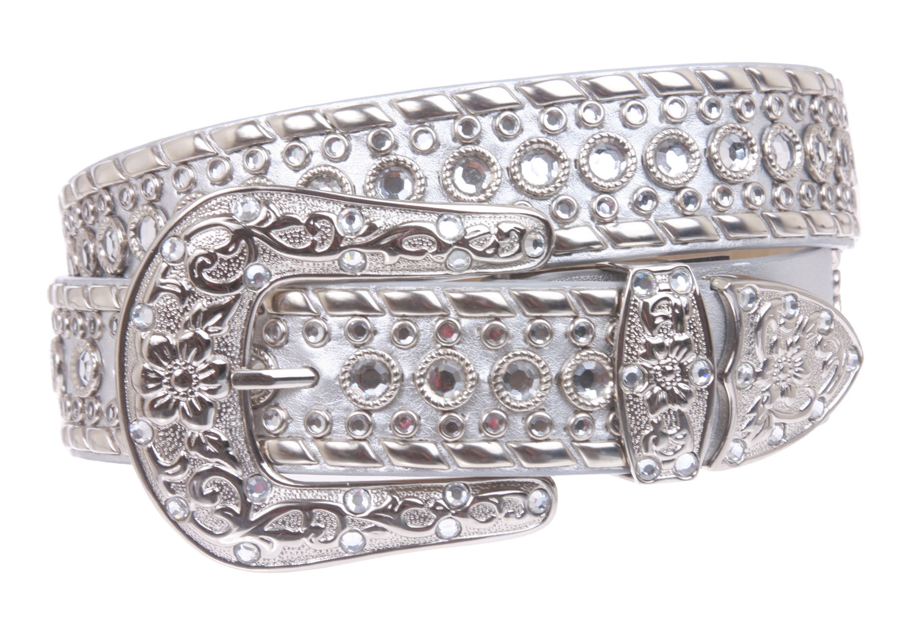 Western Rhinestone Silver Studded Leather Belt