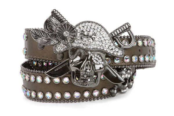 Western Rhinestone Pirate Skull Cross Bone Genuine Leather Belt