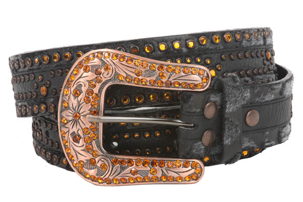 Western Topaz Rhinestone Faux Fur Genuine Leather Belt