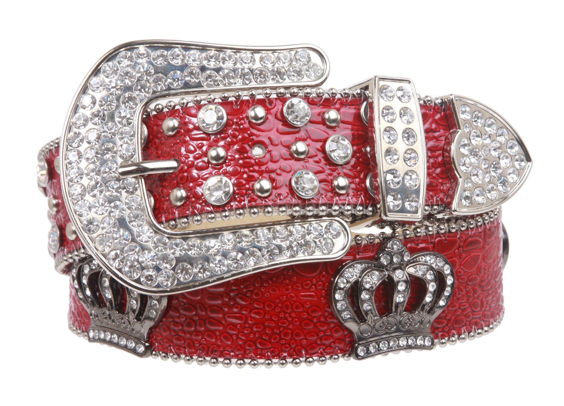 Snap On Rhinestone Crown Silver Circle Studded Genuine Leather Belt