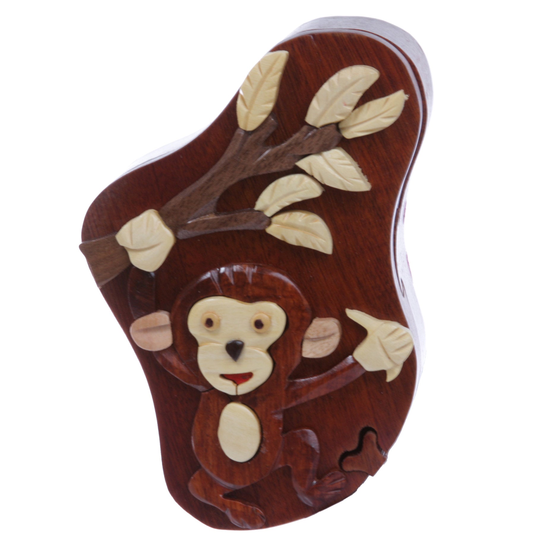 Handcrafted Wooden Monkey & Tree Shape Secret Jewelry Puzzle Box - Monkey