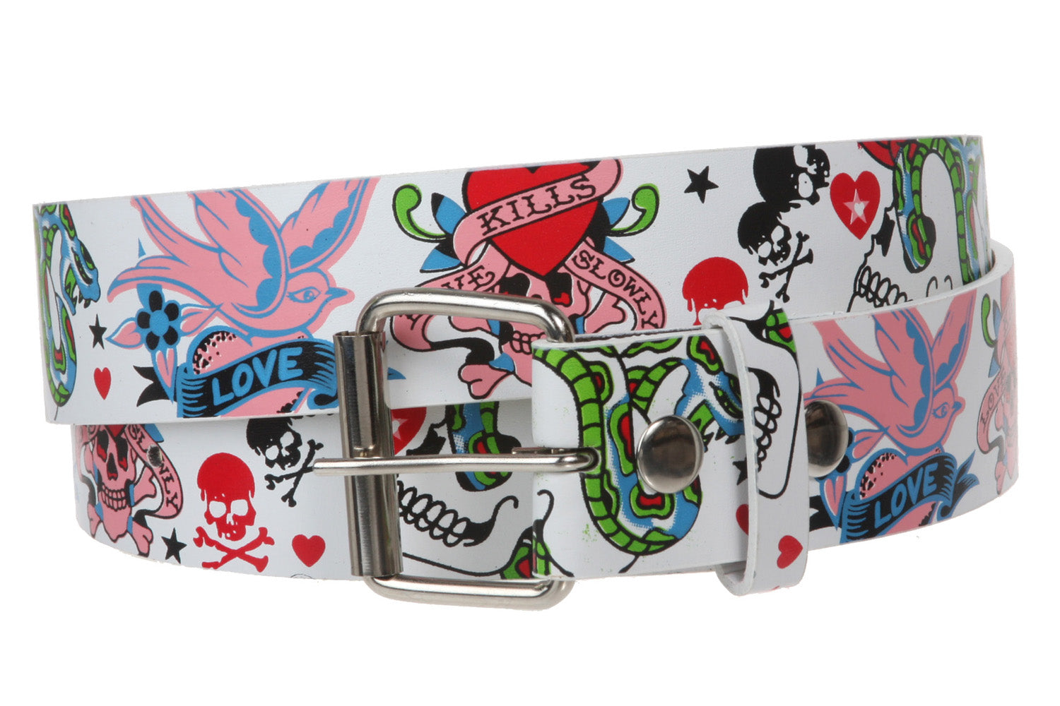 Snap On Love Kills Slowly & Skulls Tattoo Ink Artwork Fashion Belt