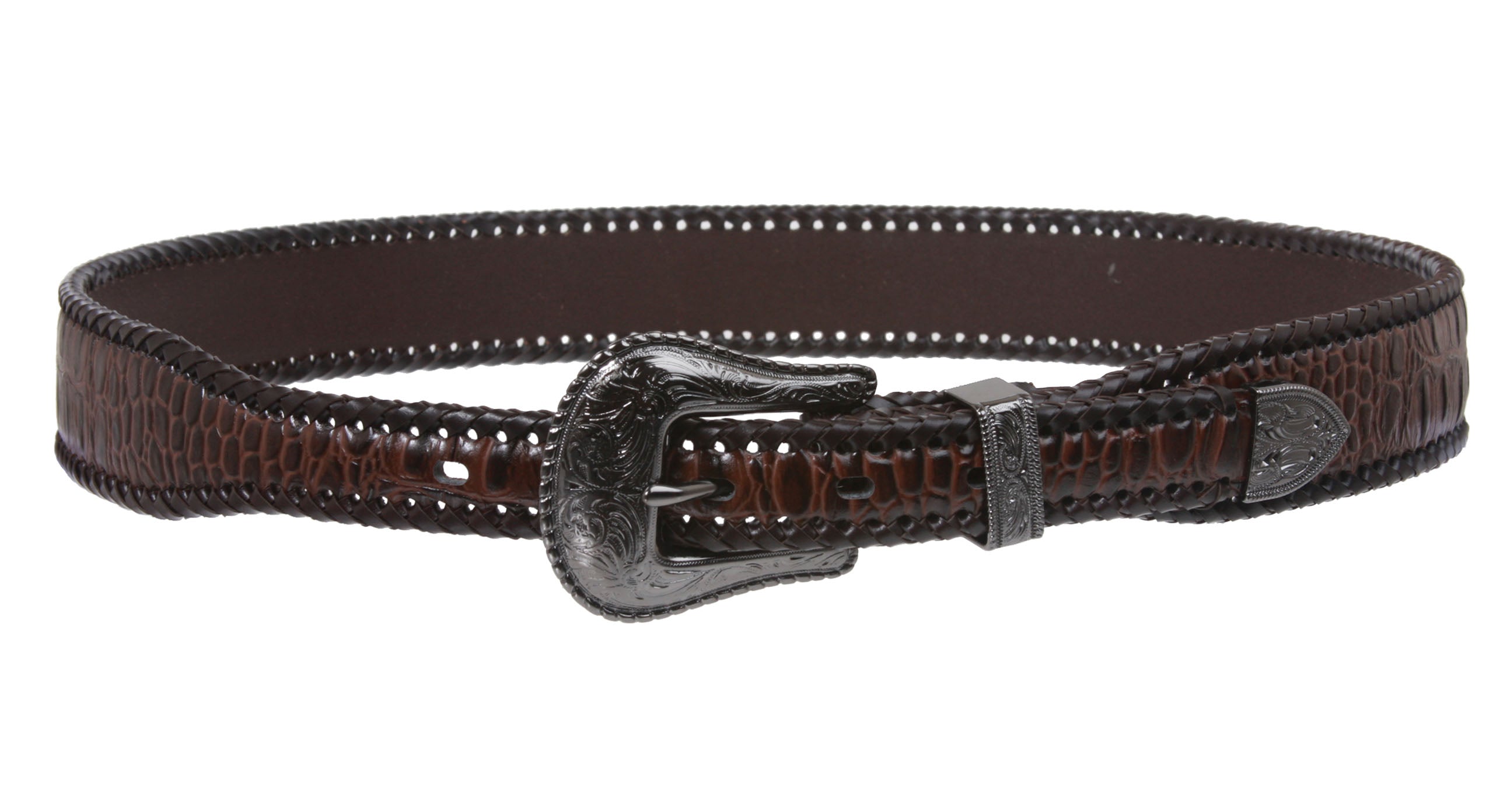 Western Croco Print  Braiding Edged Leather Belt