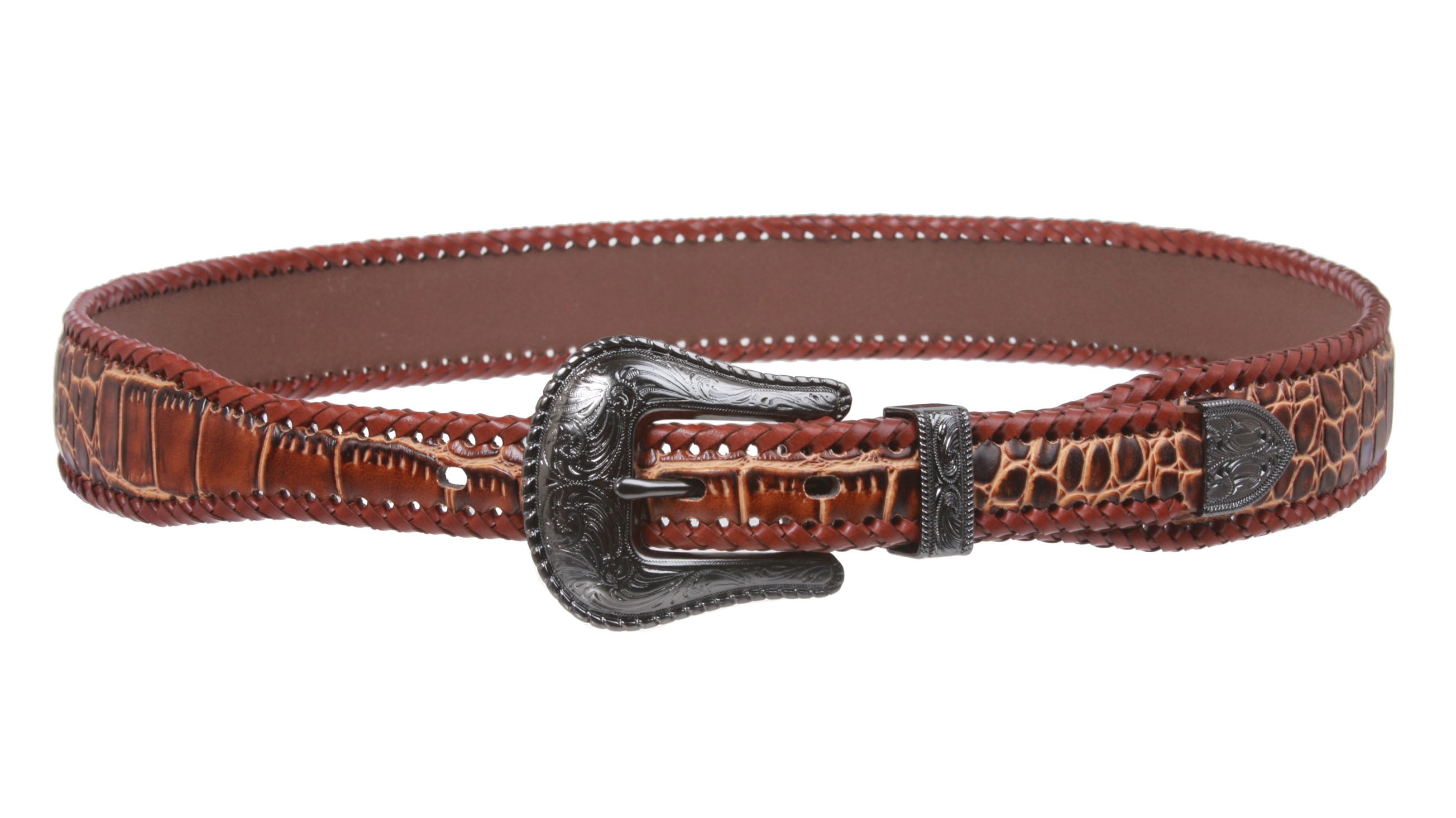 Western Croco Print  Braiding Edged Leather Belt