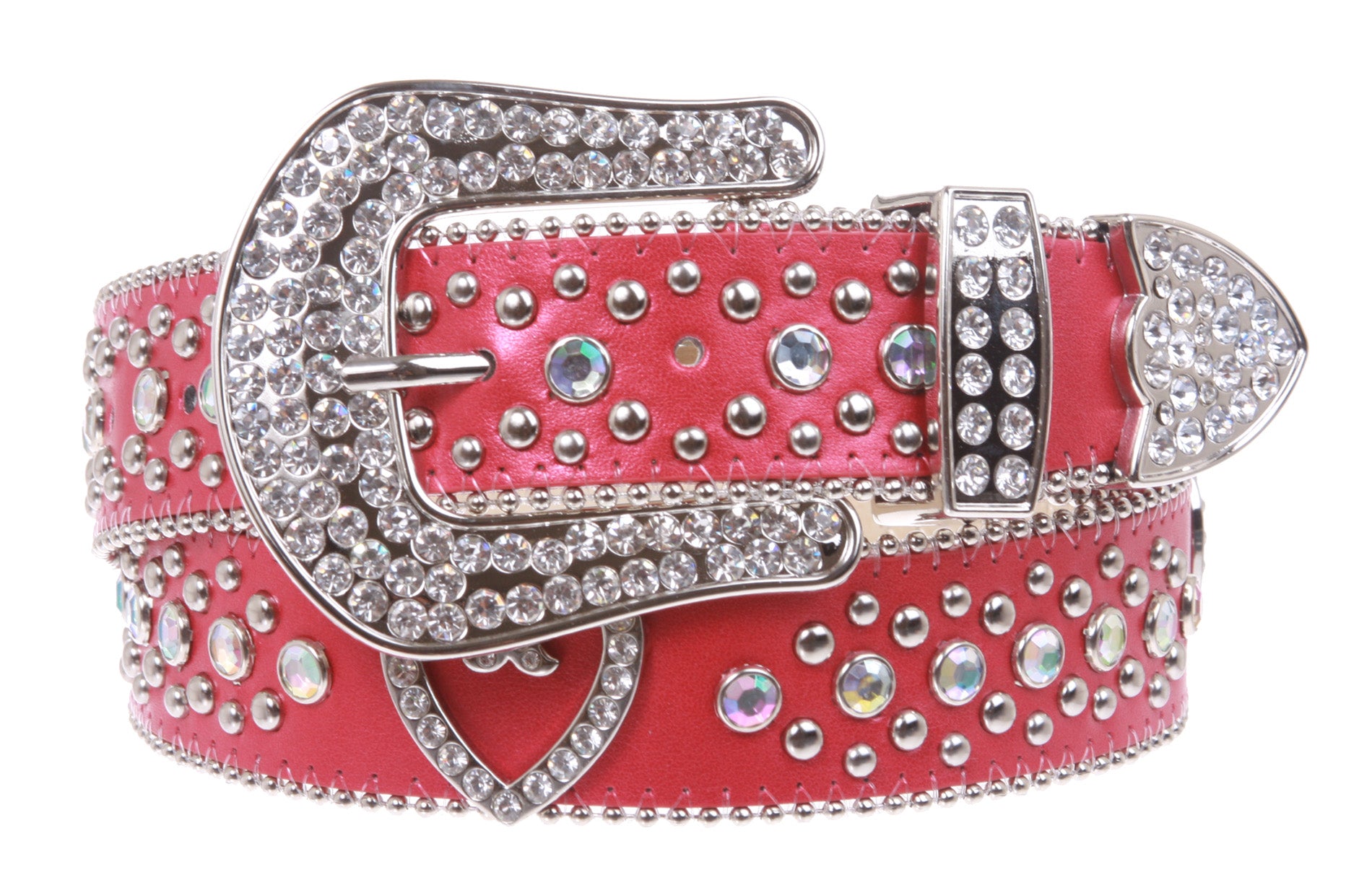 Western Rhinestone Silver Circle Studs and Heart Ornaments Leather Belt