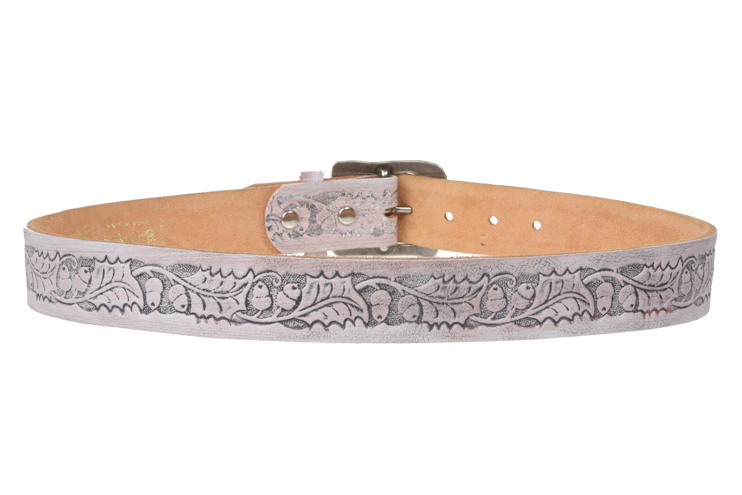 Snap On Embossed Birds and Leaves Genuine Leather Belt