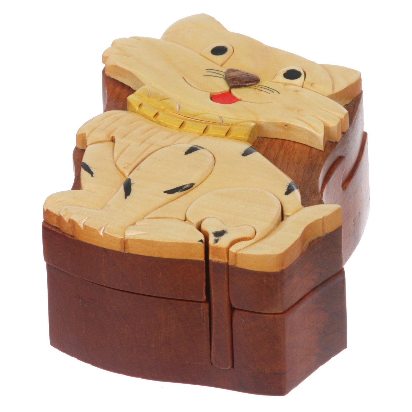 Handcrafted Wooden Animal Shape Secret Jewelry Puzzle Box - Cat